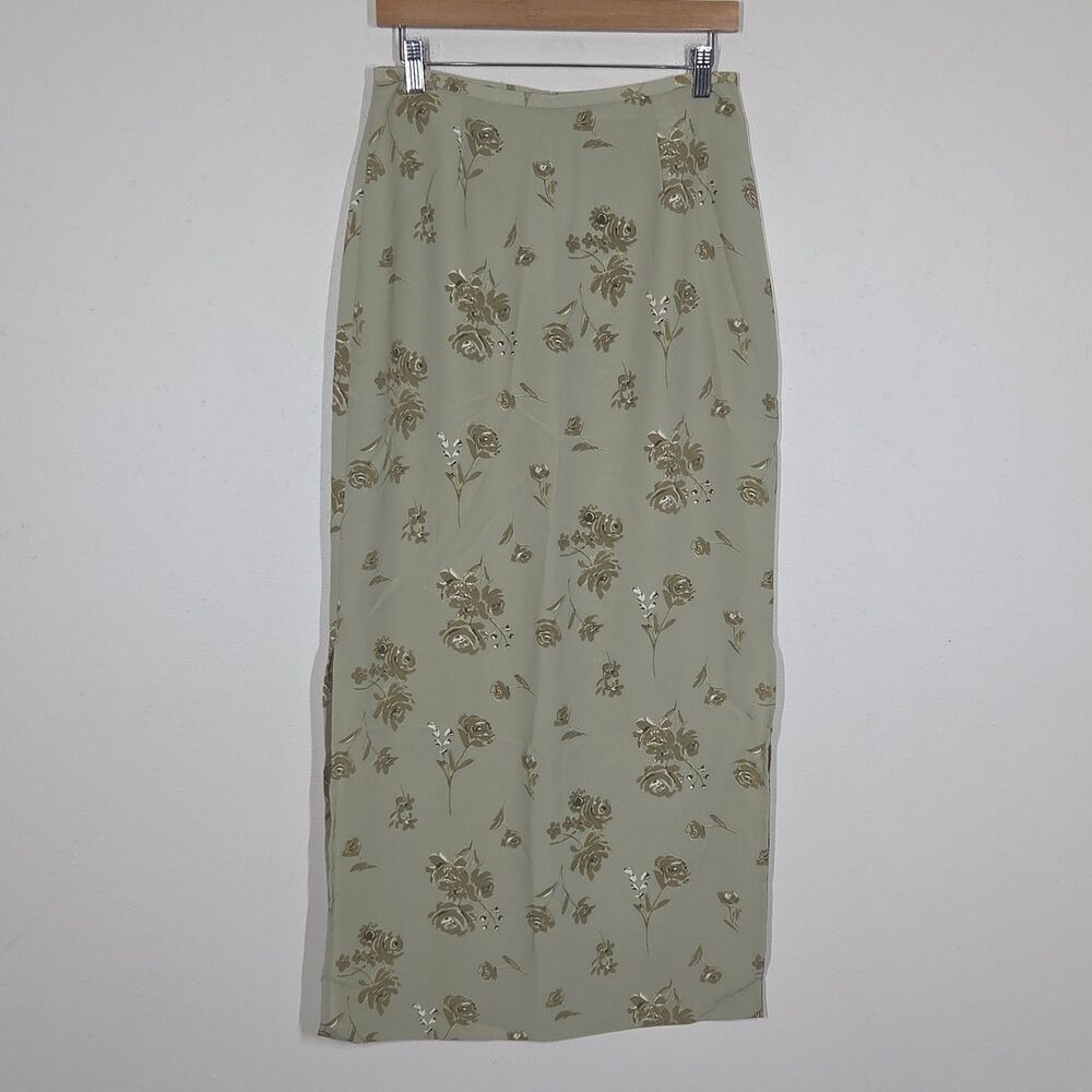 Vtg Y2K Old Navy Sage Green Floral Maxi Skirt Side Slits 10 Fairy Grunge Forest